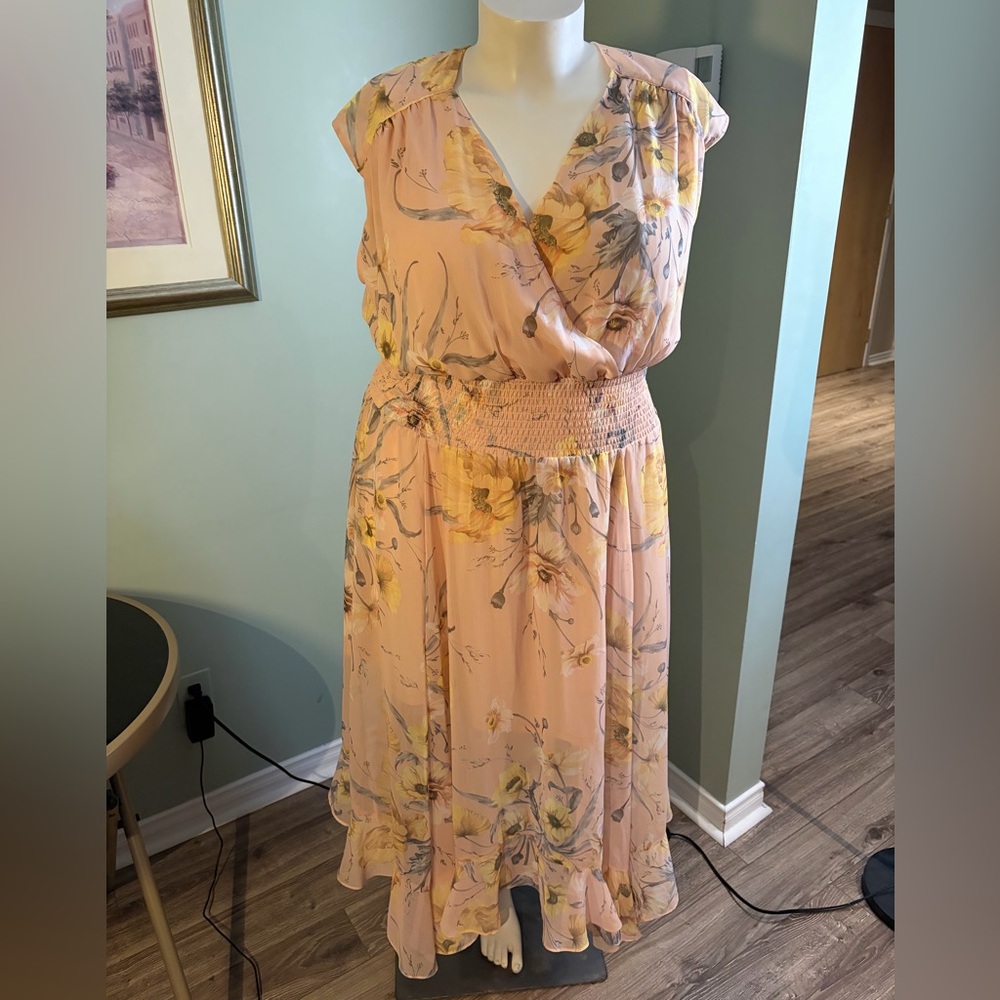 H&M Blush Pink Floral Midi Dress with Yellow Accents